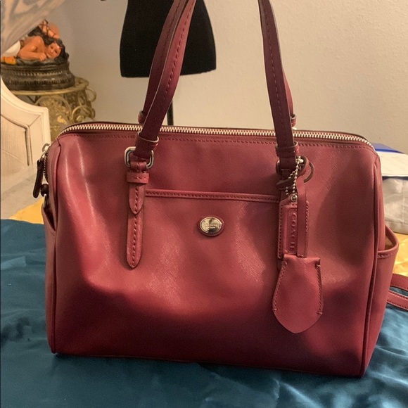 Coach Saffiano Red/Wine Leather Satchel with Structured Design LIKE NEW - Picture 1 of 14